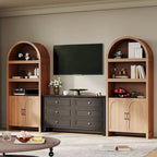 71 Tall Arched Bookcase Cabinet, Mid-Century Modern Wooden Storage Bookshelf with Adjustable Open Shelves, Pantry Display Cabinet
