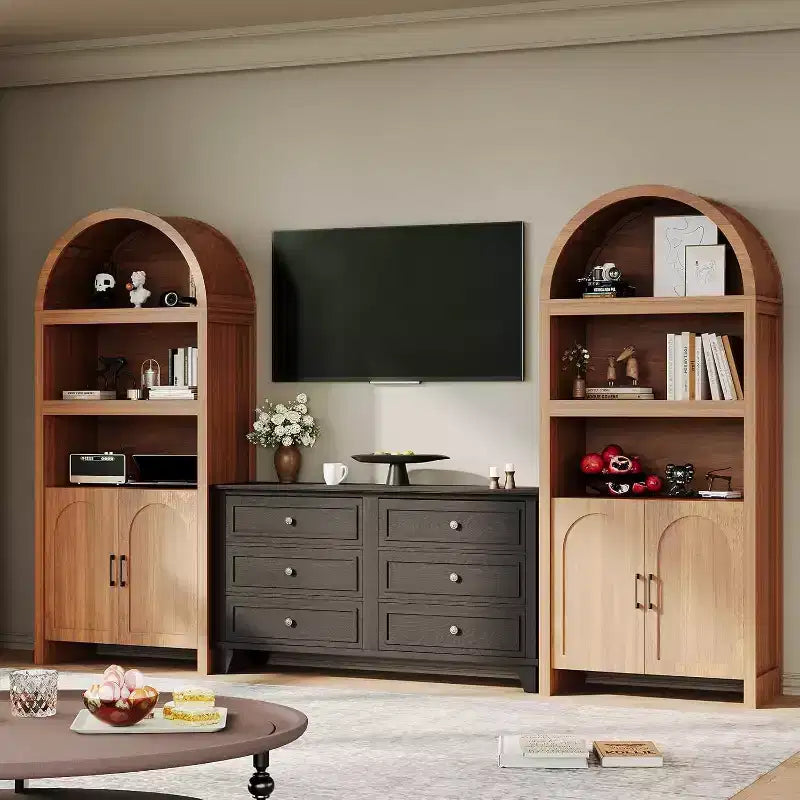 71 Tall Arched Bookcase Cabinet, Mid-Century Modern Wooden Storage Bookshelf with Adjustable Open Shelves, Pantry Display Cabinet