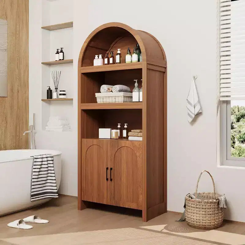 71 Tall Arched Bookcase Cabinet, Mid-Century Modern Wooden Storage Bookshelf with Adjustable Open Shelves, Pantry Display Cabinet