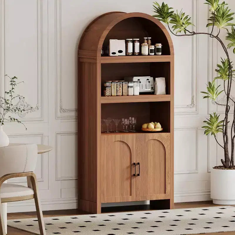 71 Tall Arched Bookcase Cabinet, Mid-Century Modern Wooden Storage Bookshelf with Adjustable Open Shelves, Pantry Display Cabinet
