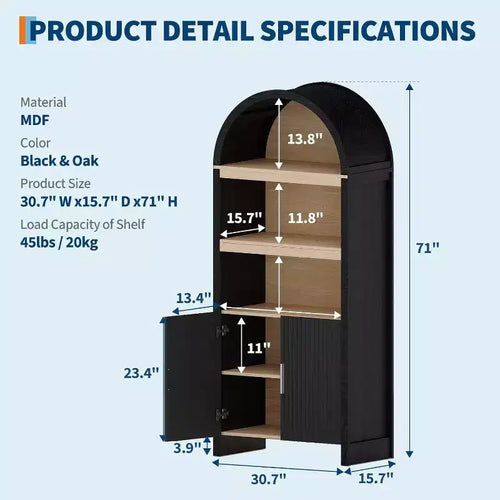 Libreria ad arco alta 71", mobile contenitore in legno stile Mid-Century Modern con ripiani aperti regolabili, dispensa/vetrina