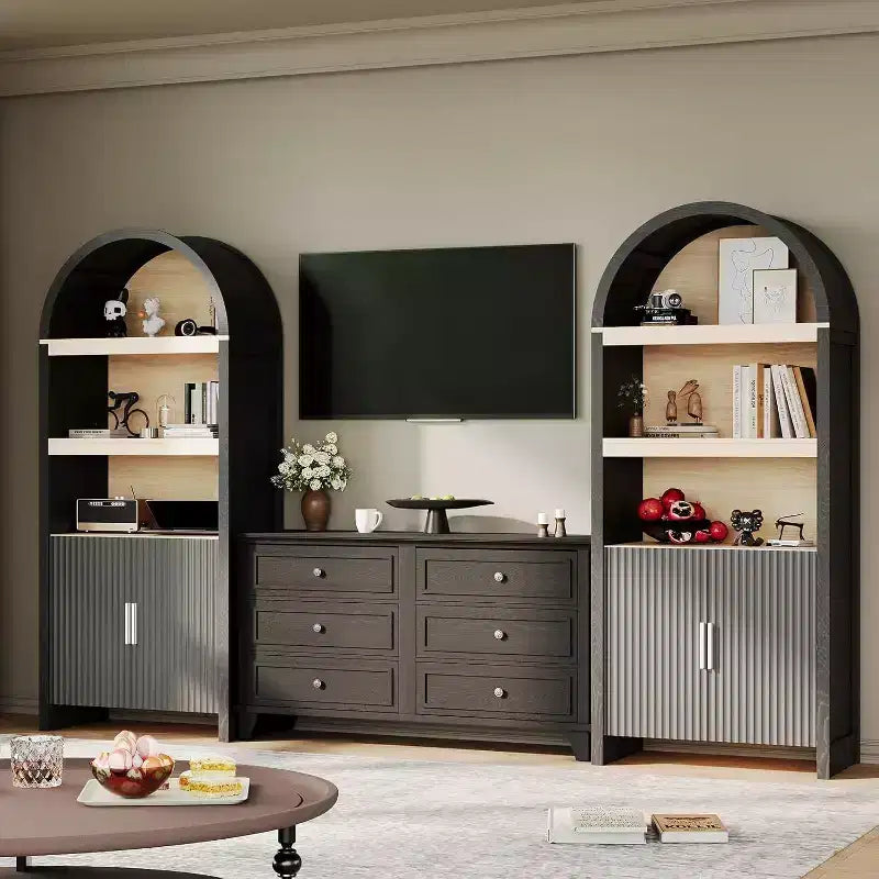 71 Tall Arched Bookcase Cabinet, Mid-Century Modern Wooden Storage Bookshelf with Adjustable Open Shelves, Pantry Display Cabinet