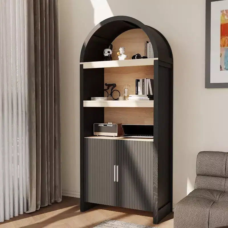 71 Tall Arched Bookcase Cabinet, Mid-Century Modern Wooden Storage Bookshelf with Adjustable Open Shelves, Pantry Display Cabinet