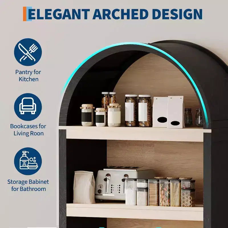 71 Tall Arched Bookcase Cabinet, Mid-Century Modern Wooden Storage Bookshelf with Adjustable Open Shelves, Pantry Display Cabinet