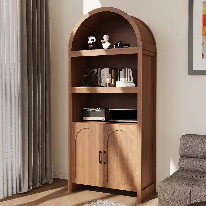 Libreria ad arco alta 71", mobile contenitore in legno stile Mid-Century Modern con ripiani aperti regolabili, dispensa/vetrina