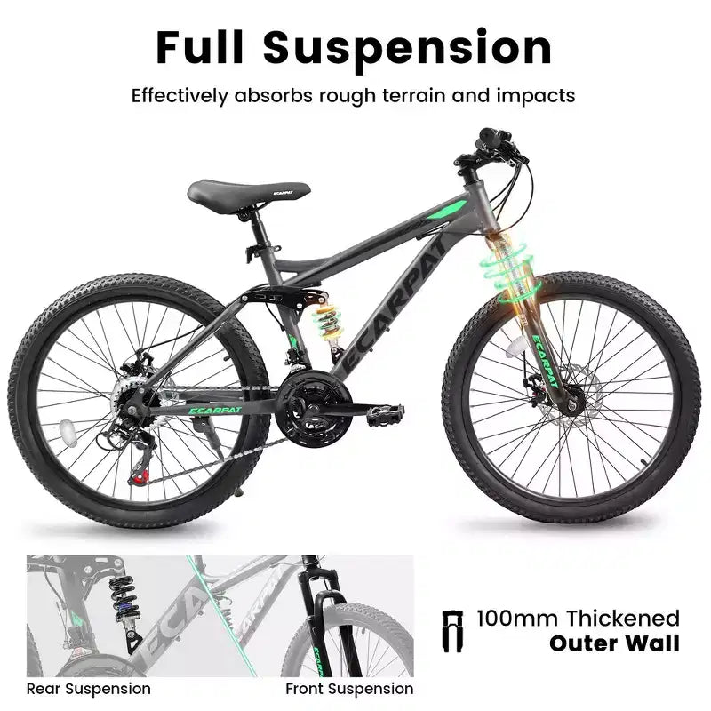 Bici da montagna Whisen 27.5 pollici Full Suspension, ammortizzatori anteriori e posteriori, freni a disco meccanici, 21 velocità