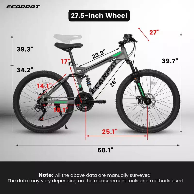 Bici da montagna Whisen 27.5 pollici Full Suspension, ammortizzatori anteriori e posteriori, freni a disco meccanici, 21 velocità