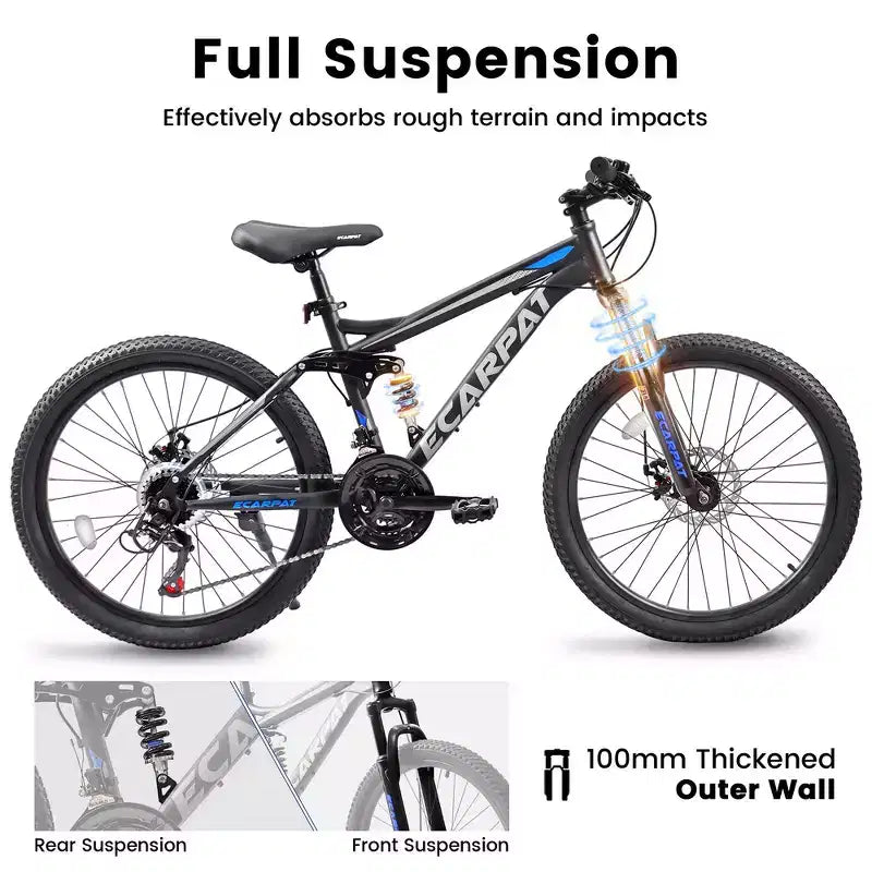Bici da montagna Whisen 27.5 pollici Full Suspension, ammortizzatori anteriori e posteriori, freni a disco meccanici, 21 velocità