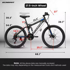 Bici da montagna Whisen 27.5 pollici Full Suspension, ammortizzatori anteriori e posteriori, freni a disco meccanici, 21 velocità