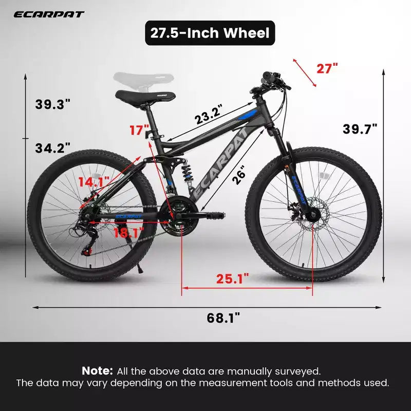 Bici da montagna Whisen 27.5 pollici Full Suspension, ammortizzatori anteriori e posteriori, freni a disco meccanici, 21 velocità