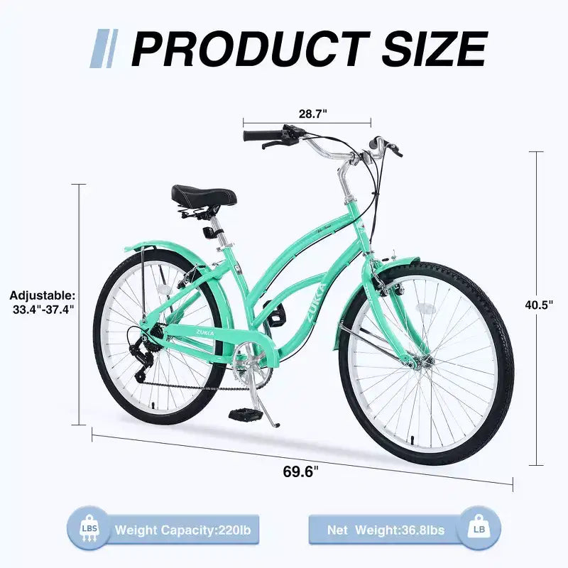 Whisen 26 Bici da donna per adulti da esterno, Beach Cruiser con telaio in acciaio ad arco ribassato, 7 velocità