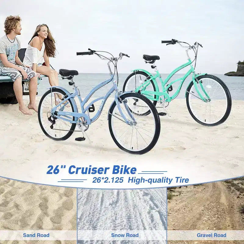 Whisen 26 Bici da donna per adulti da esterno, Beach Cruiser con telaio in acciaio ad arco ribassato, 7 velocità