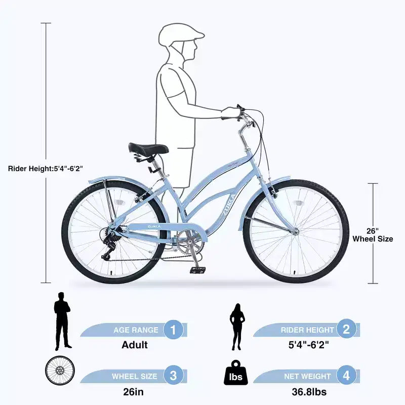 Whisen 26 Bici da donna per adulti da esterno, Beach Cruiser con telaio in acciaio ad arco ribassato, 7 velocità