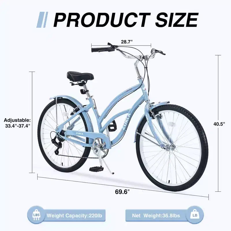 Whisen 26 Bici da donna per adulti da esterno, Beach Cruiser con telaio in acciaio ad arco ribassato, 7 velocità