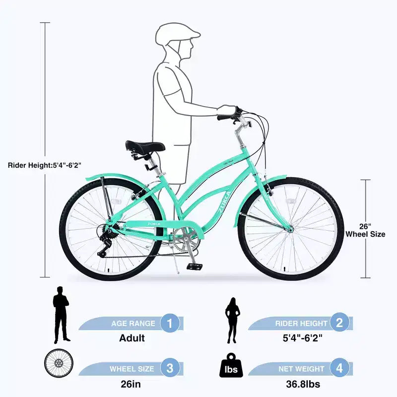Whisen 26 Bici da donna per adulti da esterno, Beach Cruiser con telaio in acciaio ad arco ribassato, 7 velocità