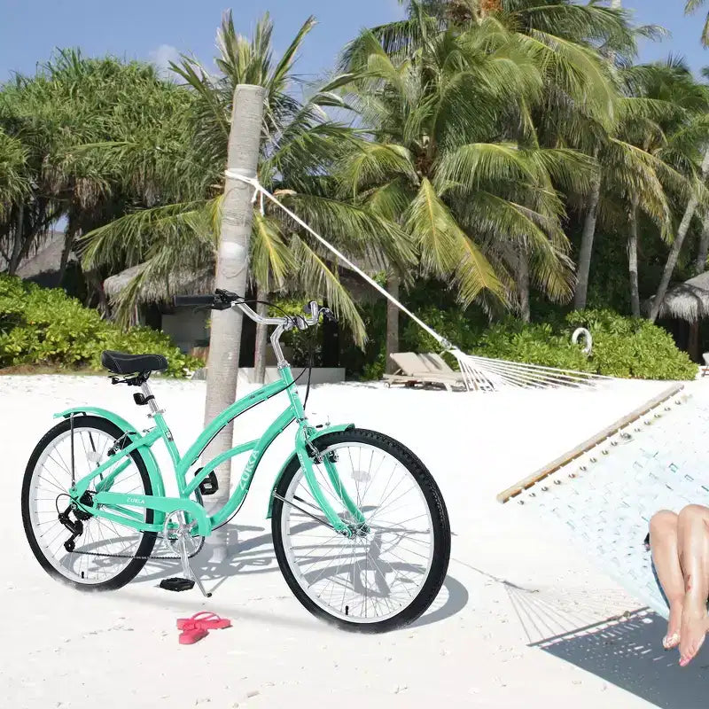 Whisen 26 Bici da donna per adulti da esterno, Beach Cruiser con telaio in acciaio ad arco ribassato, 7 velocità