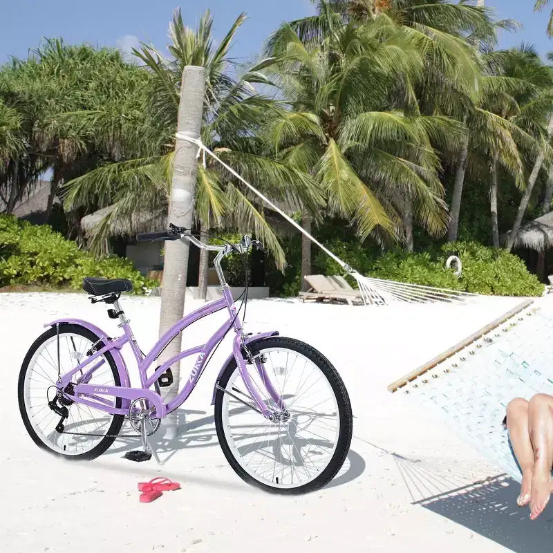 Whisen 26 Bici da donna per adulti da esterno, Beach Cruiser con telaio in acciaio ad arco ribassato, 7 velocità