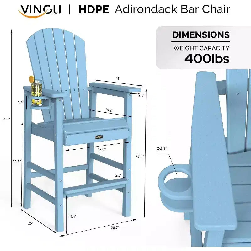 VINGLI Tall Adirondack Chair HDPE Adirondack Bar Stools with Cup Holder 1 PC, Poly Deck Chairs Outdoor Bar Stools, 350LBS (Blue, 1 PCS)