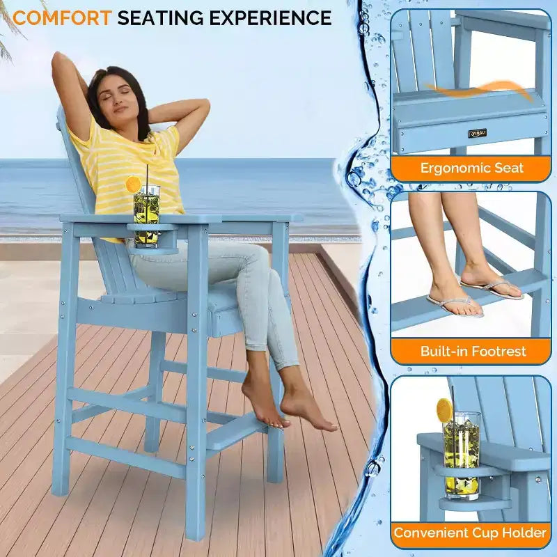 VINGLI Tall Adirondack Chair HDPE Adirondack Bar Stools with Cup Holder 1 PC, Poly Deck Chairs Outdoor Bar Stools, 350LBS (Blue, 1 PCS)