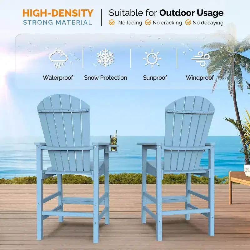 VINGLI Tall Adirondack Chair HDPE Adirondack Bar Stools with Cup Holder 1 PC, Poly Deck Chairs Outdoor Bar Stools, 350LBS (Blue, 1 PCS)