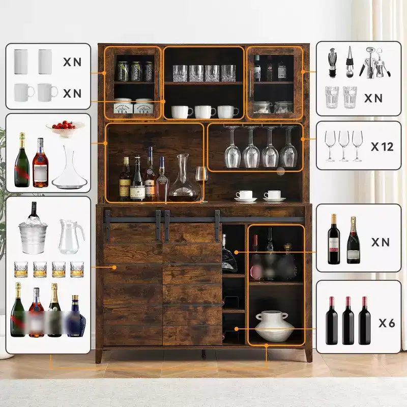 Mobile bar da fattoria con anta scorrevole a fienile, credenza rustica da 70 pollici con ripiani contenitori, portabottiglie e calici, per cucina, sala da pranzo
