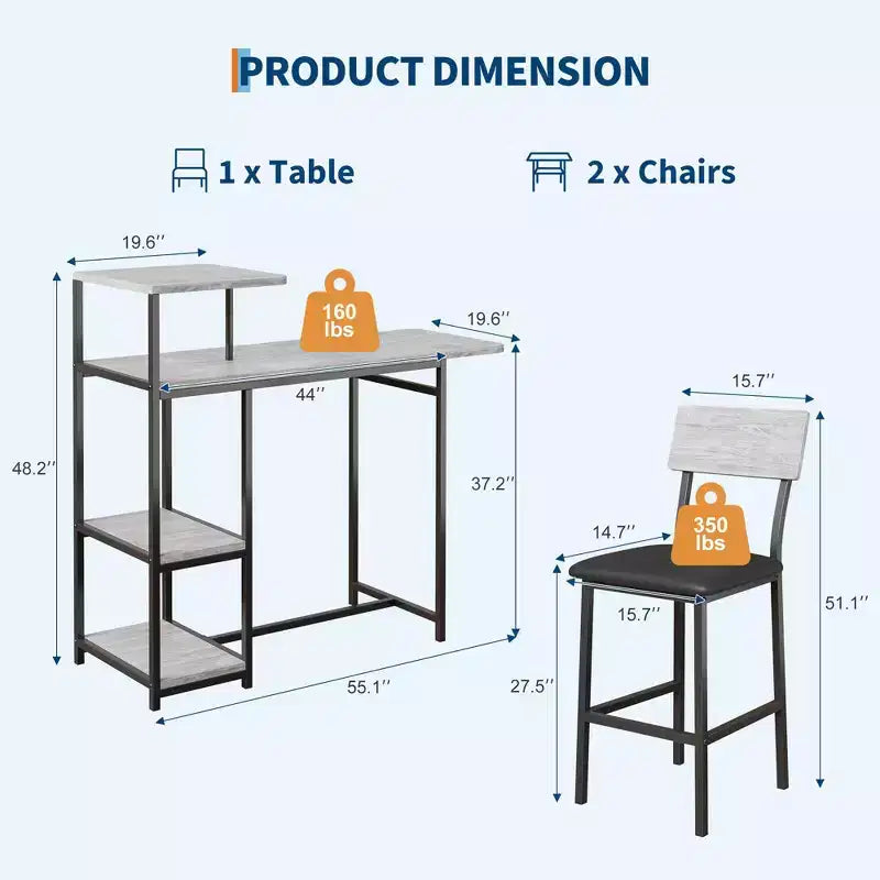 Set da pranzo moderno per 2 GustoWave, set da 3 pezzi con tavolo da bar allungabile e sedie