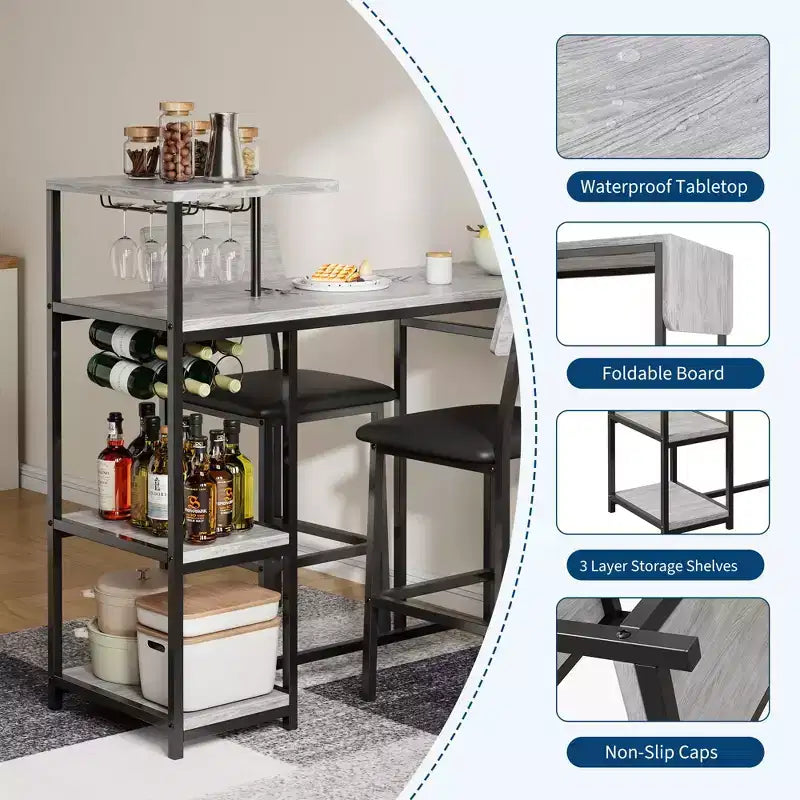 Set da pranzo moderno per 2 GustoWave, set da 3 pezzi con tavolo da bar allungabile e sedie