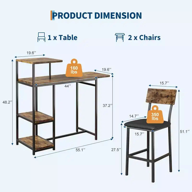 Set da pranzo moderno per 2 GustoWave, set da 3 pezzi con tavolo da bar allungabile e sedie