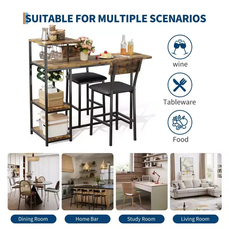 Set da pranzo moderno per 2 GustoWave, set da 3 pezzi con tavolo da bar allungabile e sedie