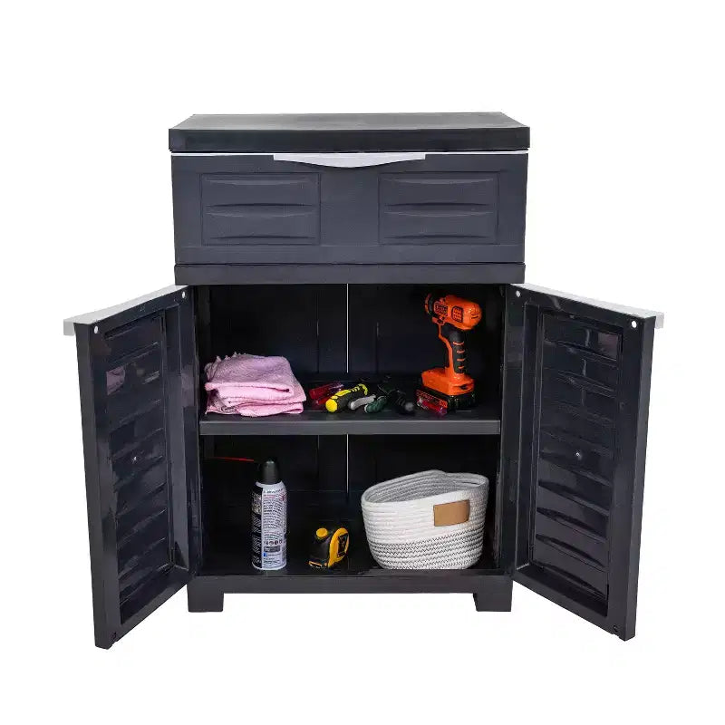 HomeRoots 24 Charcoal Plastic Accent Cabinet With Two Doors And One Drawer