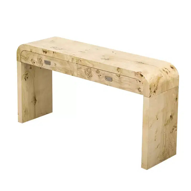 Tavolo da ingresso in legno Clihome 60 con impiallacciatura in radica, consolle con 2 ampi cassetti e maniglie in metallo, tavolo da divano multifunzionale