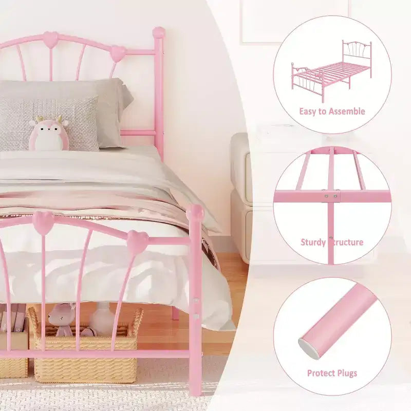 Twin Bed Frame, Twin Size Metal Platform with Heart Shaped Headboard, 11.5 Underbed Storage, No Box Spring Needed, Noise Free & Easy Assembly
