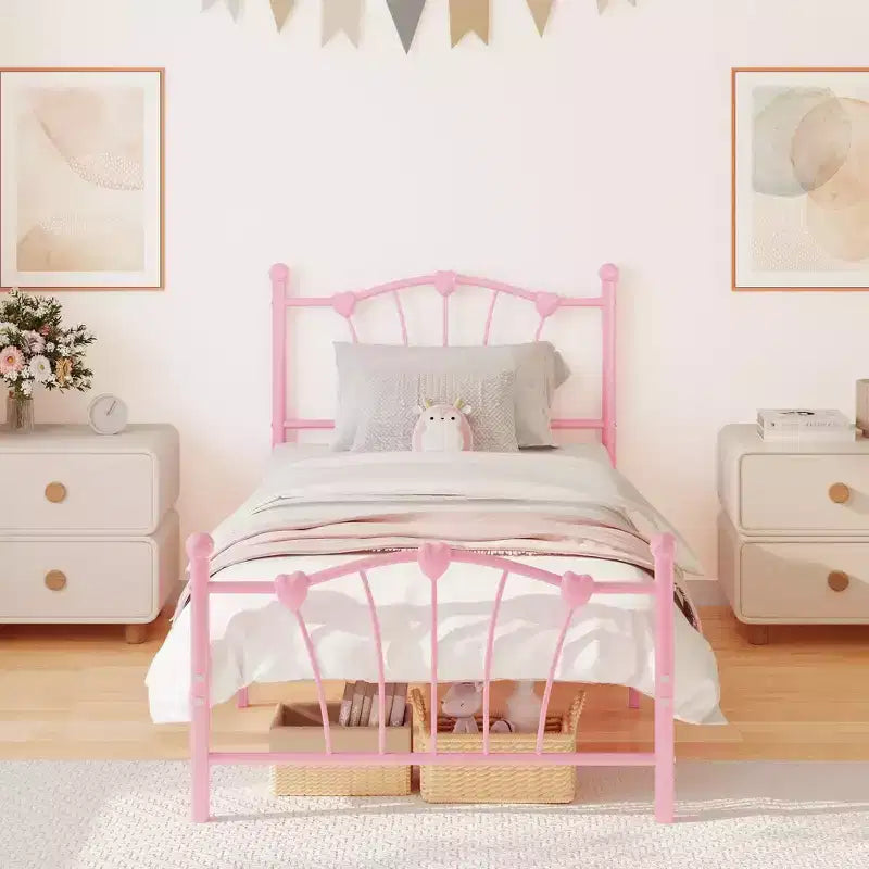Twin Bed Frame, Twin Size Metal Platform with Heart Shaped Headboard, 11.5 Underbed Storage, No Box Spring Needed, Noise Free & Easy Assembly