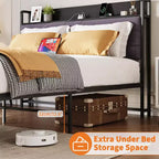 Queen Bed Frame with Storage Drawers & Charging Station, Upholstered Headboard Platform Bed, 800LB Capacity, No Box Spring Needed, Grey & Black