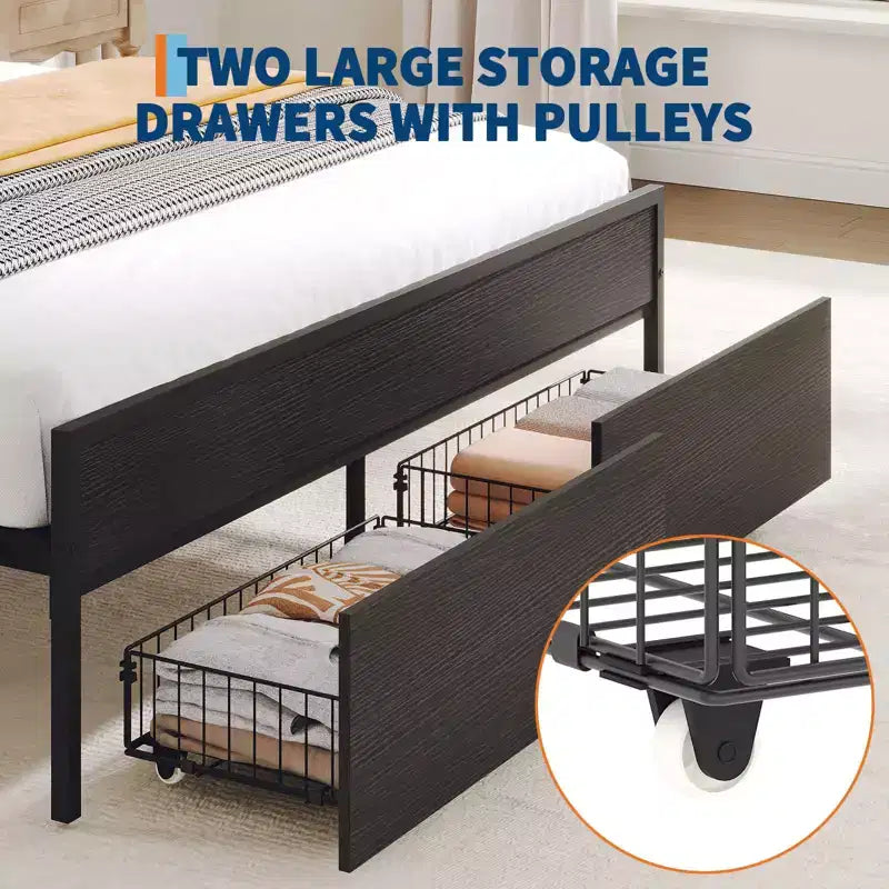 Queen Bed Frame with Storage Drawers & Charging Station, Upholstered Headboard Platform Bed, 800LB Capacity, No Box Spring Needed, Grey & Black