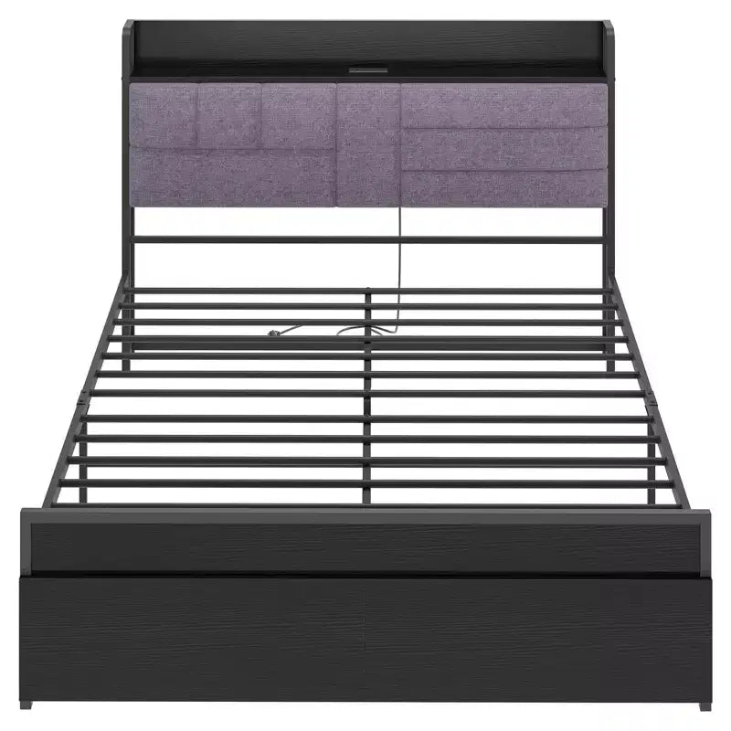 Queen Bed Frame with Storage Drawers & Charging Station, Upholstered Headboard Platform Bed, 800LB Capacity, No Box Spring Needed, Grey & Black