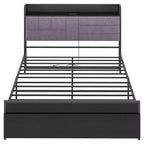 Queen Bed Frame with Storage Drawers & Charging Station, Upholstered Headboard Platform Bed, 800LB Capacity, No Box Spring Needed, Grey & Black
