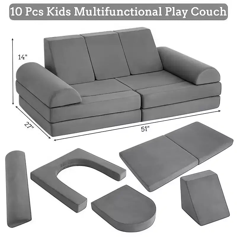 GustoWave Set Divano Modulare in Velluto Imbottito 10 Pezzi per Bambini, Divano Gioco in Gommapiuma per Bambini Piccoli, Mobili Trasformabili per Sala Giochi per Bambini, Grigio