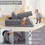 GustoWave Set Divano Modulare in Velluto Imbottito 10 Pezzi per Bambini, Divano Gioco in Gommapiuma per Bambini Piccoli, Mobili Trasformabili per Sala Giochi per Bambini, Grigio
