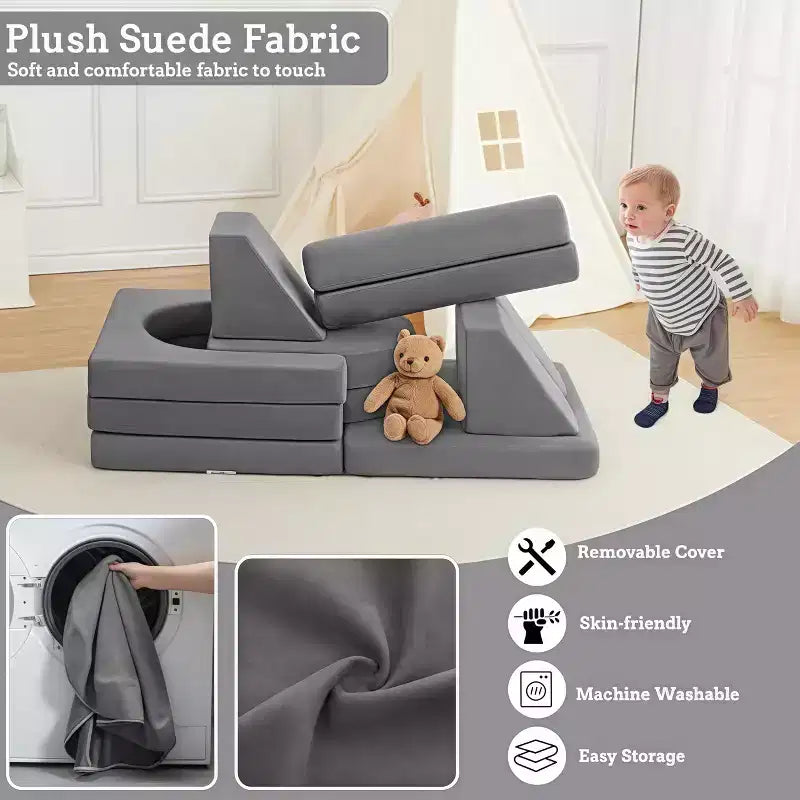 GustoWave Set Divano Modulare in Velluto Imbottito 10 Pezzi per Bambini, Divano Gioco in Gommapiuma per Bambini Piccoli, Mobili Trasformabili per Sala Giochi per Bambini, Grigio