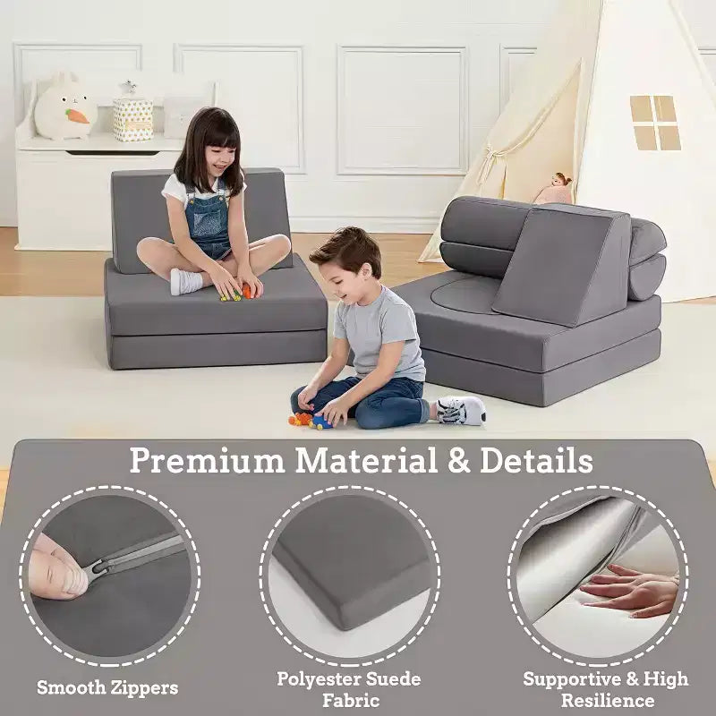 GustoWave Set Divano Modulare in Velluto Imbottito 10 Pezzi per Bambini, Divano Gioco in Gommapiuma per Bambini Piccoli, Mobili Trasformabili per Sala Giochi per Bambini, Grigio