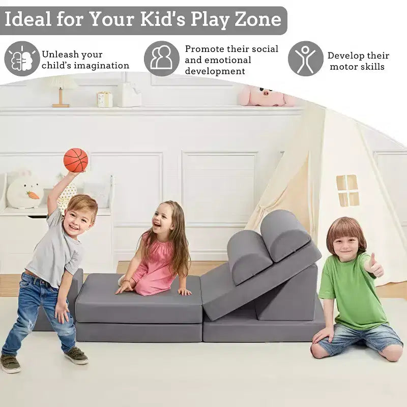 GustoWave Set Divano Modulare in Velluto Imbottito 10 Pezzi per Bambini, Divano Gioco in Gommapiuma per Bambini Piccoli, Mobili Trasformabili per Sala Giochi per Bambini, Grigio