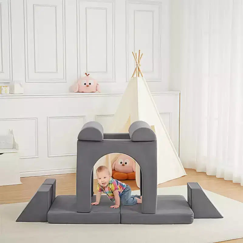 GustoWave Set Divano Modulare in Velluto Imbottito 10 Pezzi per Bambini, Divano Gioco in Gommapiuma per Bambini Piccoli, Mobili Trasformabili per Sala Giochi per Bambini, Grigio