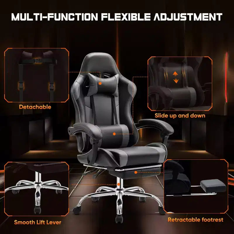Sedia da gioco ergonomica Okak con poggiapiedi e supporto lombare, sedia da computer con poggiatesta e braccioli, sedia con ruote per studio e ufficio