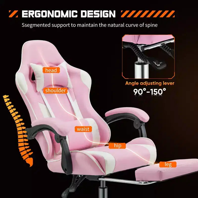Sedia da gioco ergonomica Okak con poggiapiedi e supporto lombare, sedia da computer con poggiatesta e braccioli, sedia con ruote per studio e ufficio