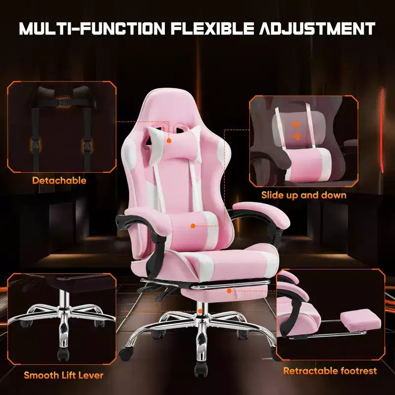 Sedia da gioco ergonomica Okak con poggiapiedi e supporto lombare, sedia da computer con poggiatesta e braccioli, sedia con ruote per studio e ufficio