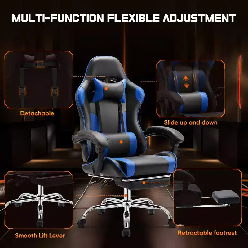 Sedia da gioco ergonomica Okak con poggiapiedi e supporto lombare, sedia da computer con poggiatesta e braccioli, sedia con ruote per studio e ufficio