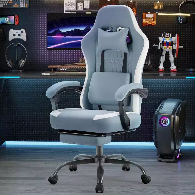 Sedia da ufficio ergonomica Okak con braccioli imbottiti, sedia da gaming con poggiapiedi e supporto lombare, sedia girevole con ruote per casa e ufficio