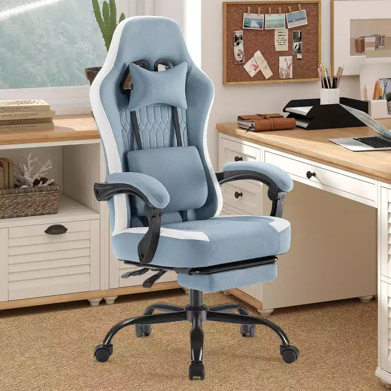 Sedia da ufficio ergonomica Okak con braccioli imbottiti, sedia da gaming con poggiapiedi e supporto lombare, sedia girevole con ruote per casa e ufficio