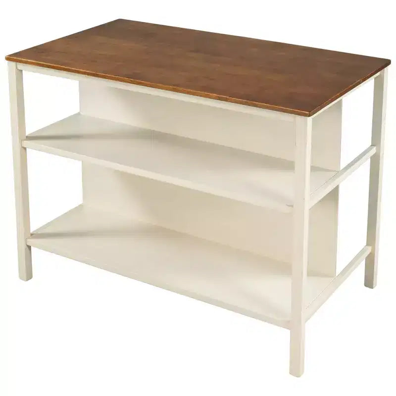 Okak Rustic Stationary Kitchen Island with Rubberwood Butcher, Kitchen Cart with 2 Open Shelves, Kitchen Island Table for Small Space, Walnut